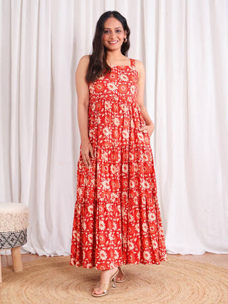 Maple Cotton Tiered Dress Sivaka India Orange