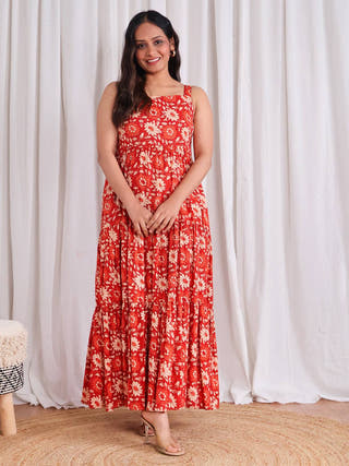 Maple Cotton Tiered Dress Sivaka India Orange