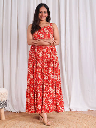 Maple Cotton Tiered Dress Sivaka India Orange