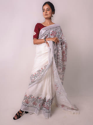 Madhubani White Hand Painted Linen Saree