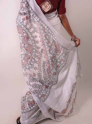 Madhubani White Hand Painted Linen Saree