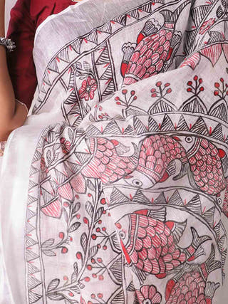 Madhubani White Hand Painted Linen Saree