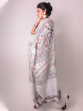 Madhubani White Hand Painted Linen Saree