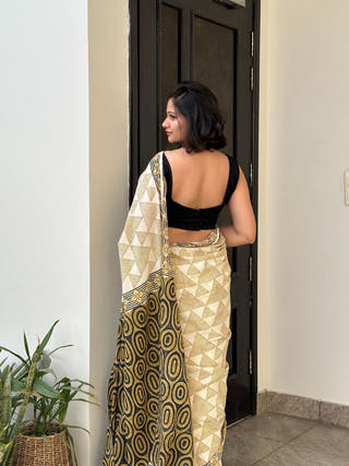 Aparna Mustard Geometric Hand Block Printed Mulmul Cotton Saree