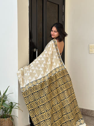 Aparna Mustard Geometric Hand Block Printed Mulmul Cotton Saree