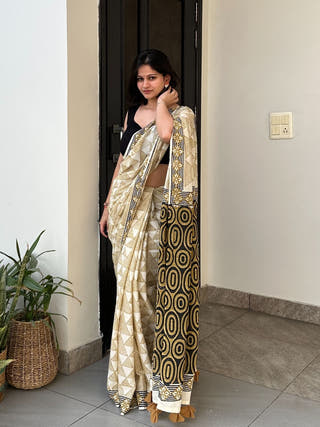 Aparna Mustard Geometric Hand Block Printed Mulmul Cotton Saree