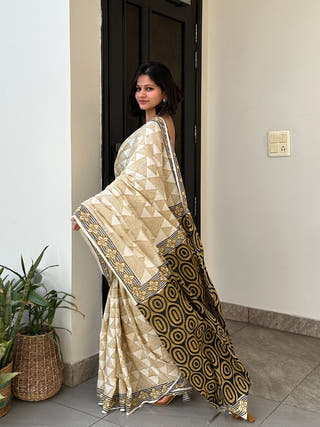 Aparna Mustard Geometric Hand Block Printed Mulmul Cotton Saree