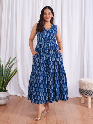 Zoey Indigo HandBlock Dabu Print Tiered Cotton Midi Dress