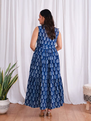 Zoey Indigo HandBlock Dabu Print Tiered Cotton Midi Dress