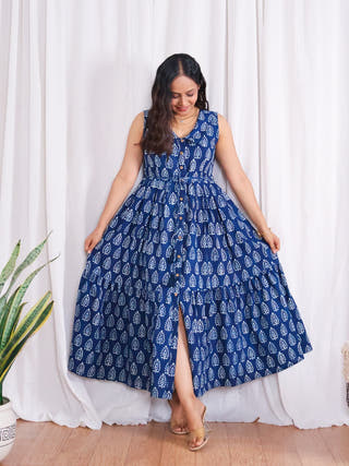 Zoey Indigo HandBlock Dabu Print Tiered Cotton Midi Dress