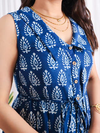 Zoey Indigo HandBlock Dabu Print Tiered Cotton Midi Dress