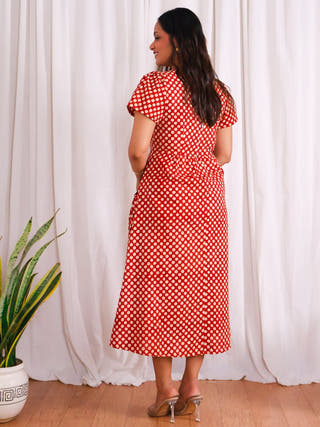 Sarah Red Polka Bagru HandBlock Print Cotton Midi Dress