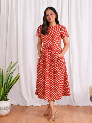 Sarah Red Polka Bagru HandBlock Print Cotton Midi Dress