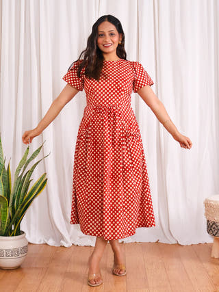 Sarah Red Polka Bagru HandBlock Print Cotton Midi Dress