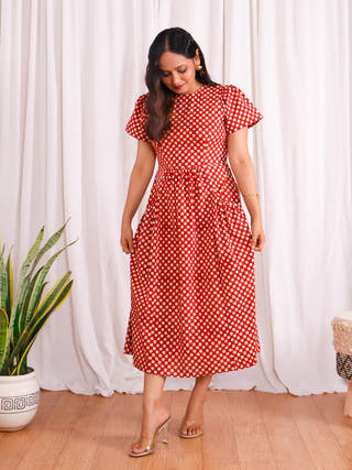 Sarah Red Polka Bagru HandBlock Print Cotton Midi Dress