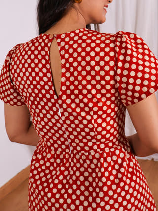 Sarah Red Polka Bagru HandBlock Print Cotton Midi Dress