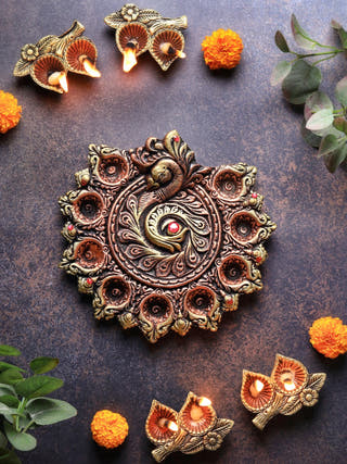 Peacock Nine Diya Plate