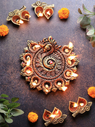Peacock Nine Diya Plate