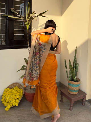 Sunehra Safar Mustard Kalamkari Saree