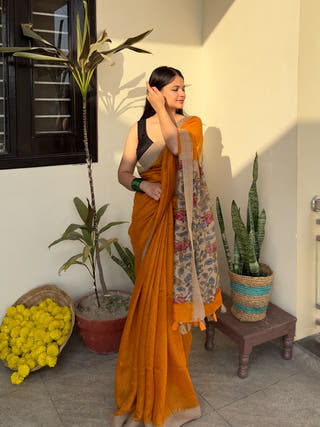 Sunehra Safar Mustard Kalamkari Saree