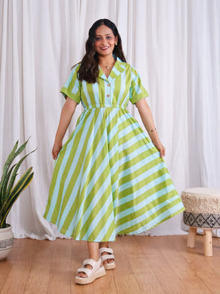 Taylor Green Blue Stripes Print Circular Cotton Midi Dress