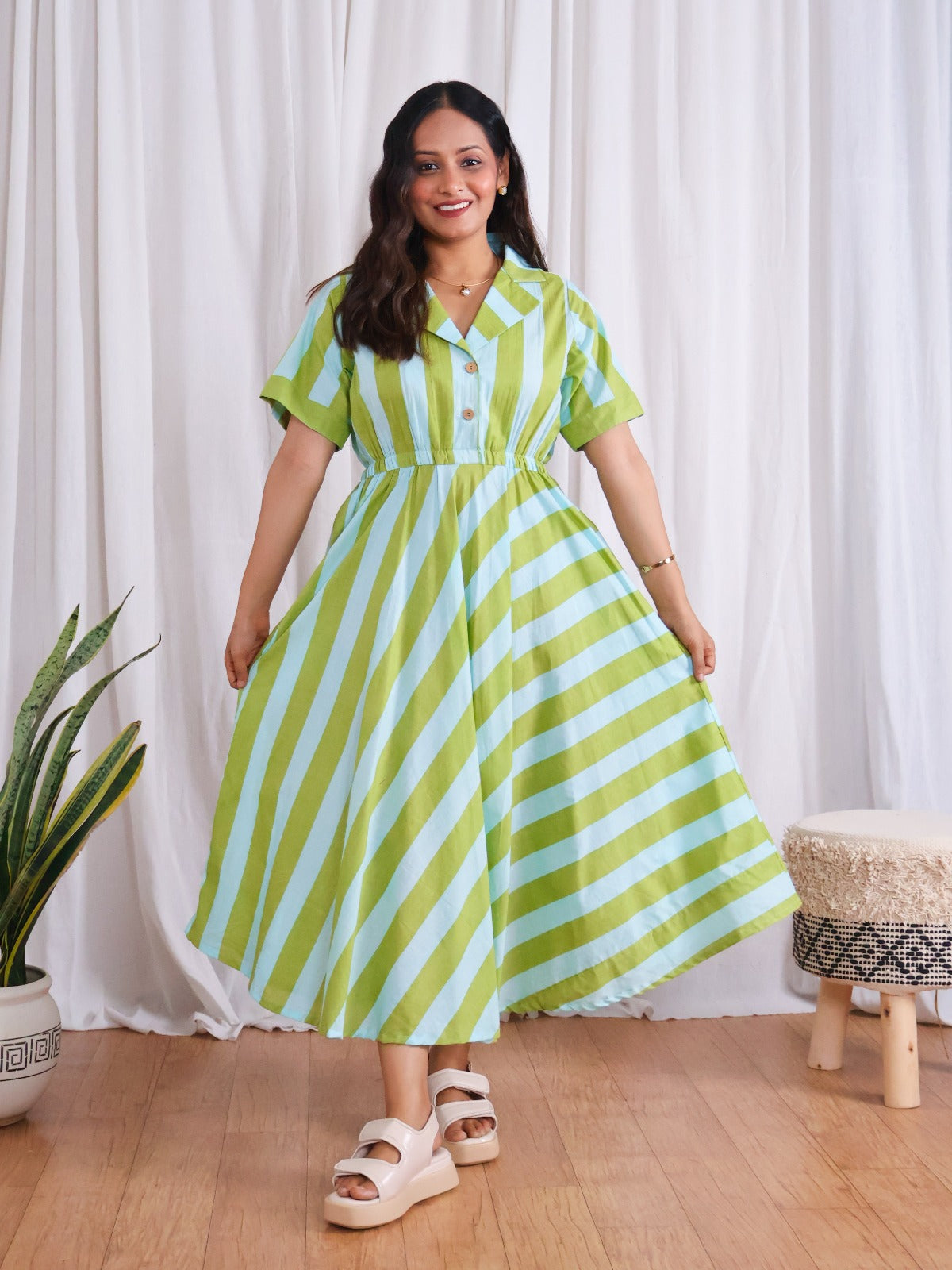 Taylor Green Blue Stripes Print Circular Cotton Midi Dress