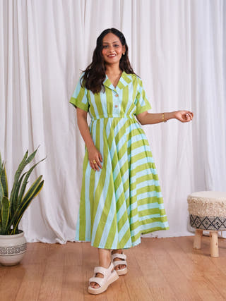 Taylor Green Blue Stripes Print Circular Cotton Midi Dress
