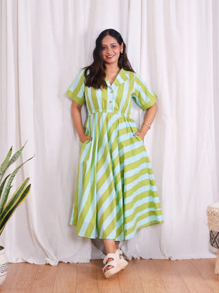Taylor Green Blue Stripes Print Circular Cotton Midi Dress