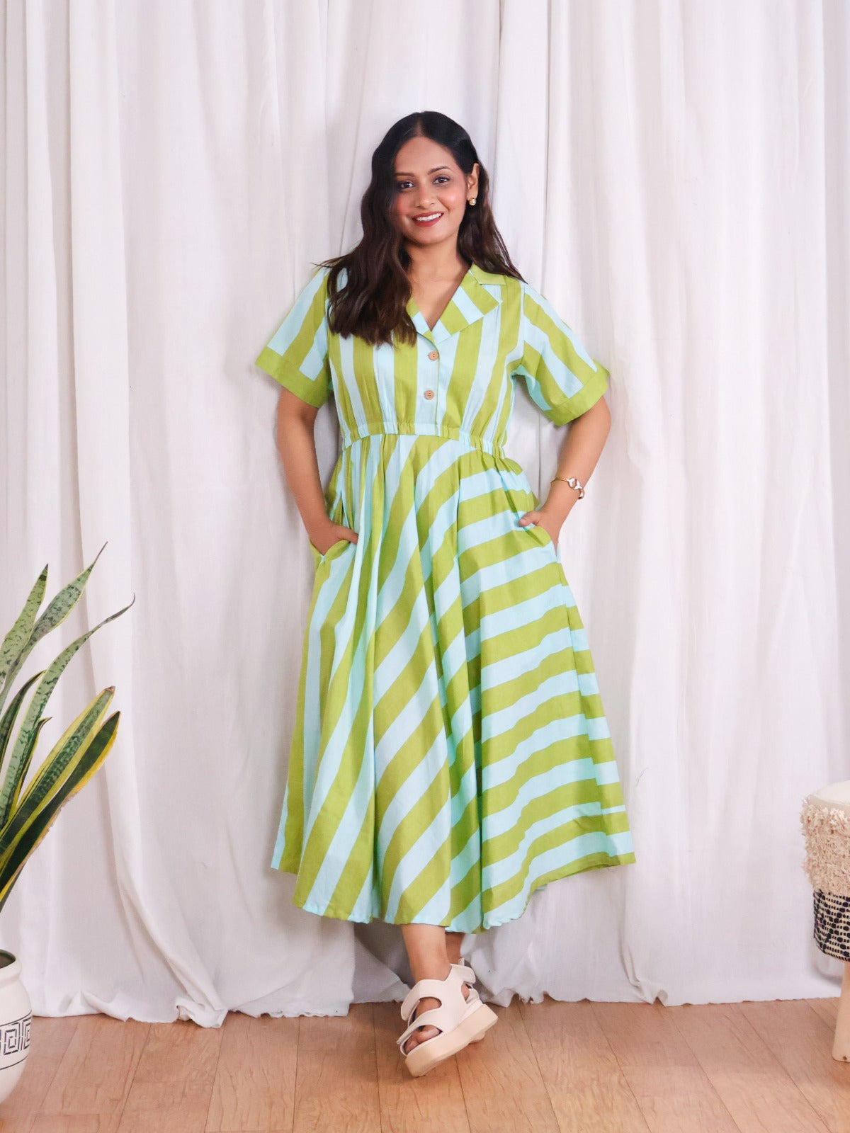 Taylor Green Blue Stripes Print Circular Cotton Midi Dress