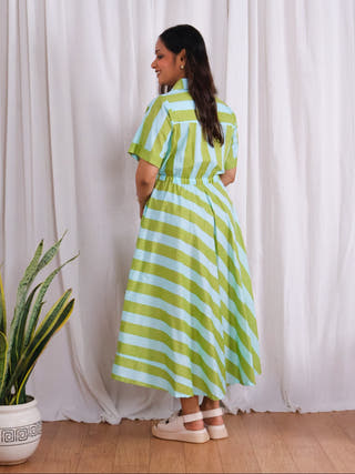 Taylor Green Blue Stripes Print Circular Cotton Midi Dress