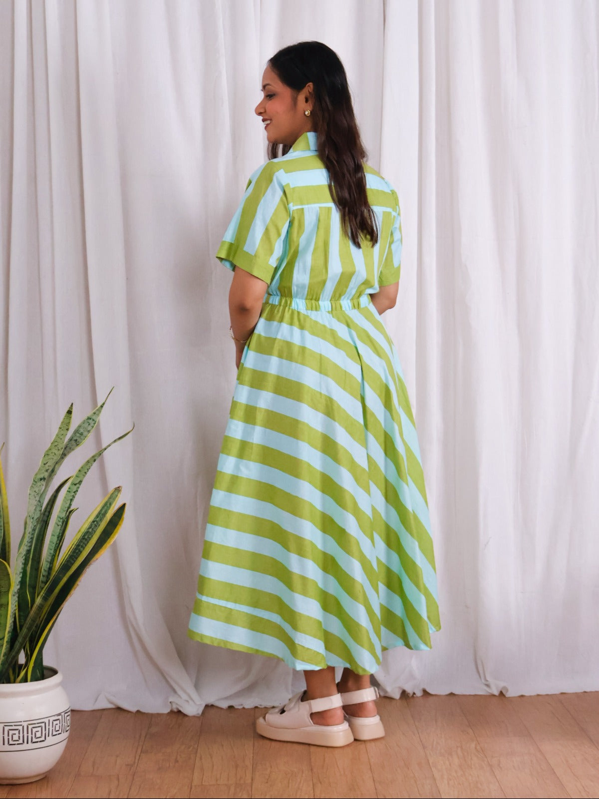 Taylor Green Blue Stripes Print Circular Cotton Midi Dress
