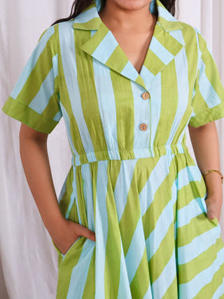 Taylor Green Blue Stripes Print Circular Cotton Midi Dress