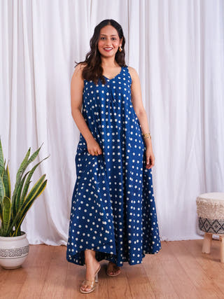 Stella Indigo Polka HandBlock Dabu Print Cotton Maxi Dress
