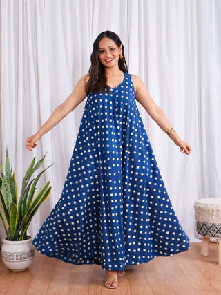Stella Indigo Polka HandBlock Dabu Print Cotton Maxi Dress