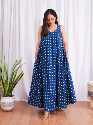 Stella Indigo Polka HandBlock Dabu Print Cotton Maxi Dress