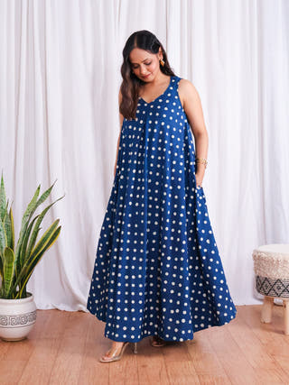 Stella Indigo Polka HandBlock Dabu Print Cotton Maxi Dress