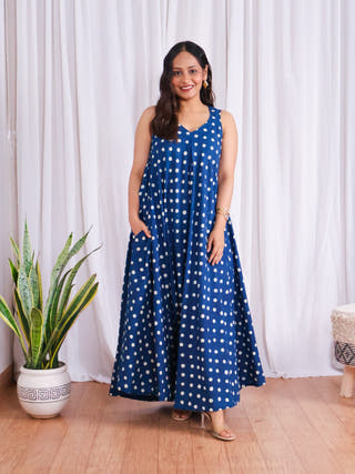 Stella Indigo Polka HandBlock Dabu Print Cotton Maxi Dress