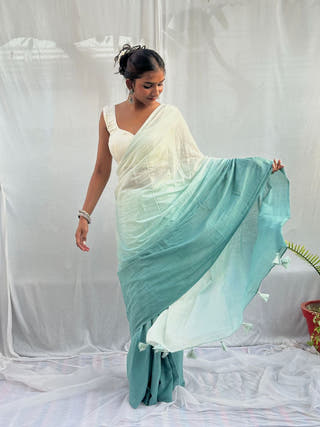 Aabroo White Sea Blue Ombre Saree