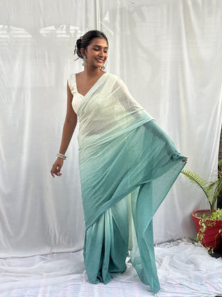 Aabroo White Sea Blue Ombre Saree