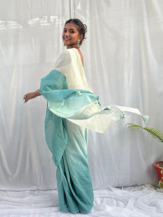 Aabroo White Sea Blue Ombre Saree