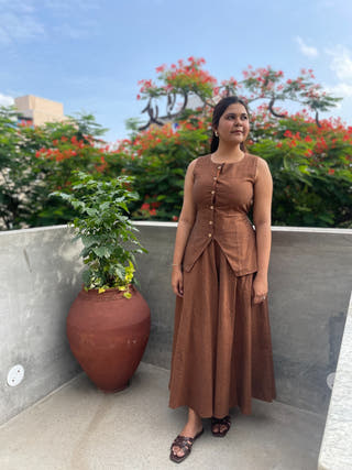 Mocha Muse Co-Ord Set With Waistcoat And Skirt