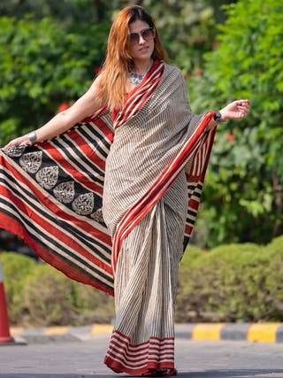 Bipasha Beige Striped Hand Block Cotton Saree - Classic Pattern