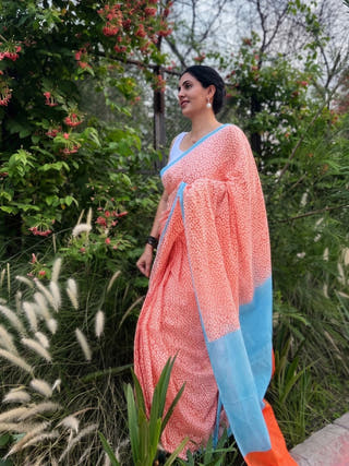 Oorja Heritage Hand Block Printed Pure Cotton Striped Saree