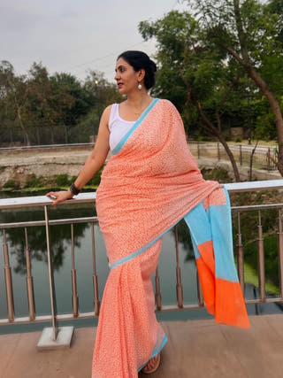 Oorja Heritage Hand Block Printed Pure Cotton Striped Saree