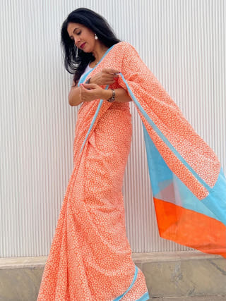 Oorja Heritage Hand Block Printed Pure Cotton Striped Saree
