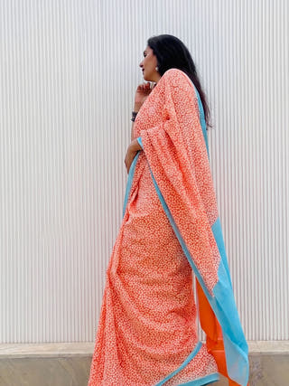 Oorja Heritage Hand Block Printed Pure Cotton Striped Saree