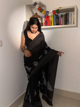 Siyah Black Block Print Mul Saree