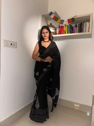 Siyah Black Block Print Mul Saree