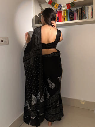 Siyah Black Block Print Mul Saree