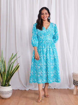 Bella Blue Fit-and-Flare Cotton Midi Dress